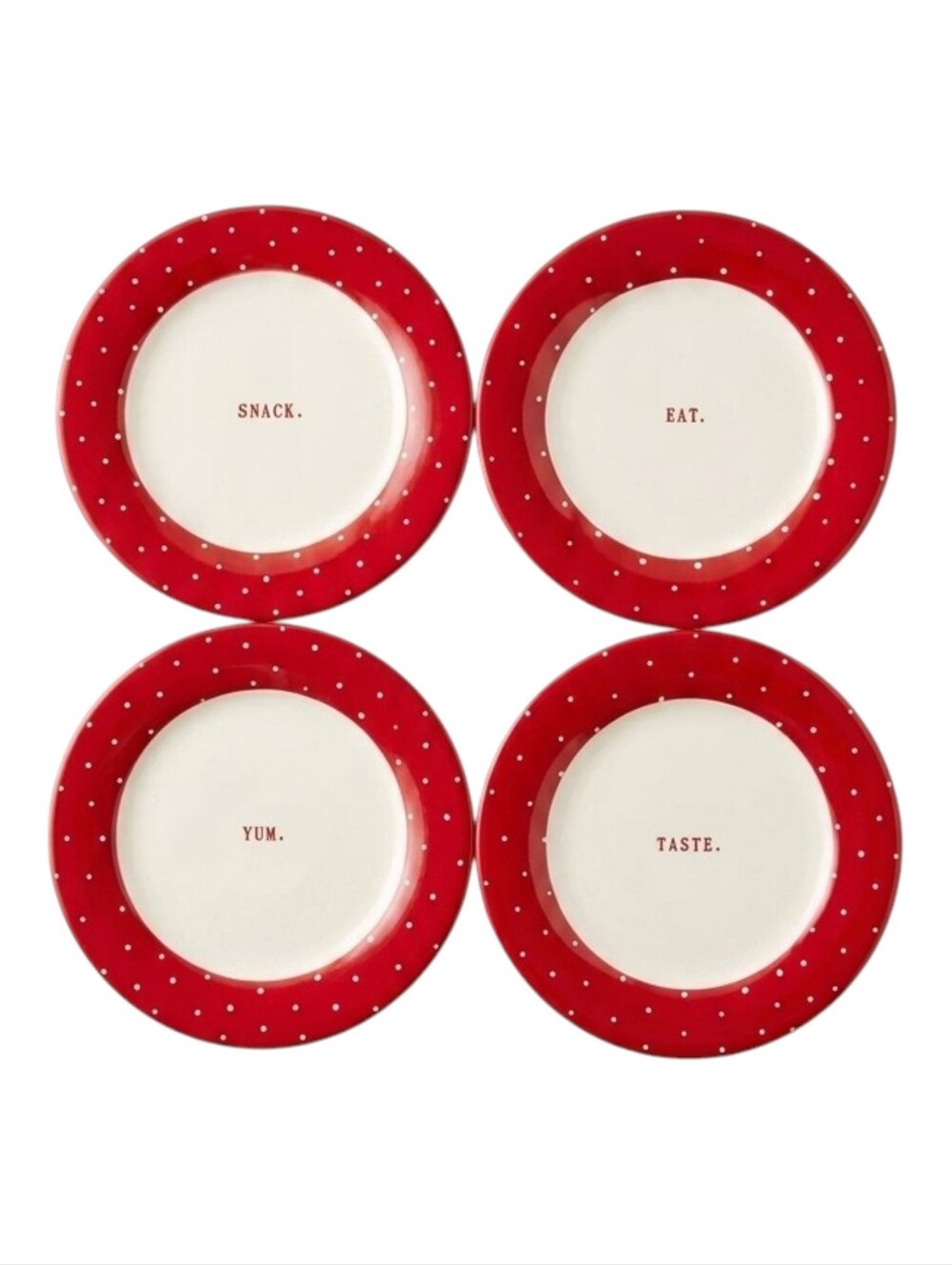 Rae Dunn Red White Polka Dot Appetizer Plates Set of 4 Snack Eat Yum Taste